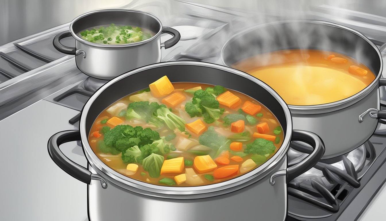 A pot of high-sodium and high-fat vegetable soup simmering on the stove, with visible chunks of unhealthy ingredients floating in the broth