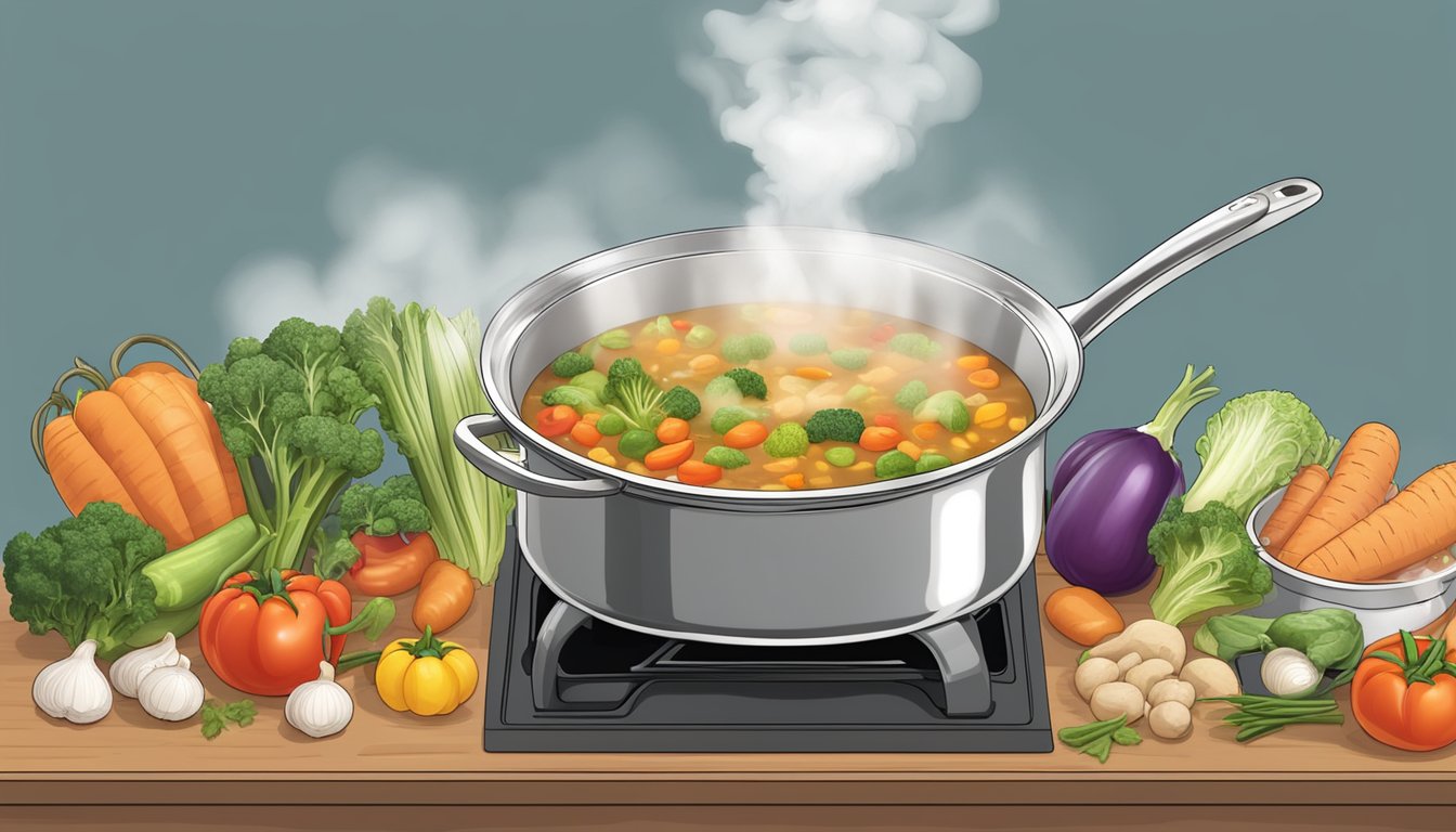 A pot of vegetable soup boiling over on a stove, with a cloud of steam rising and a variety of fresh vegetables scattered around