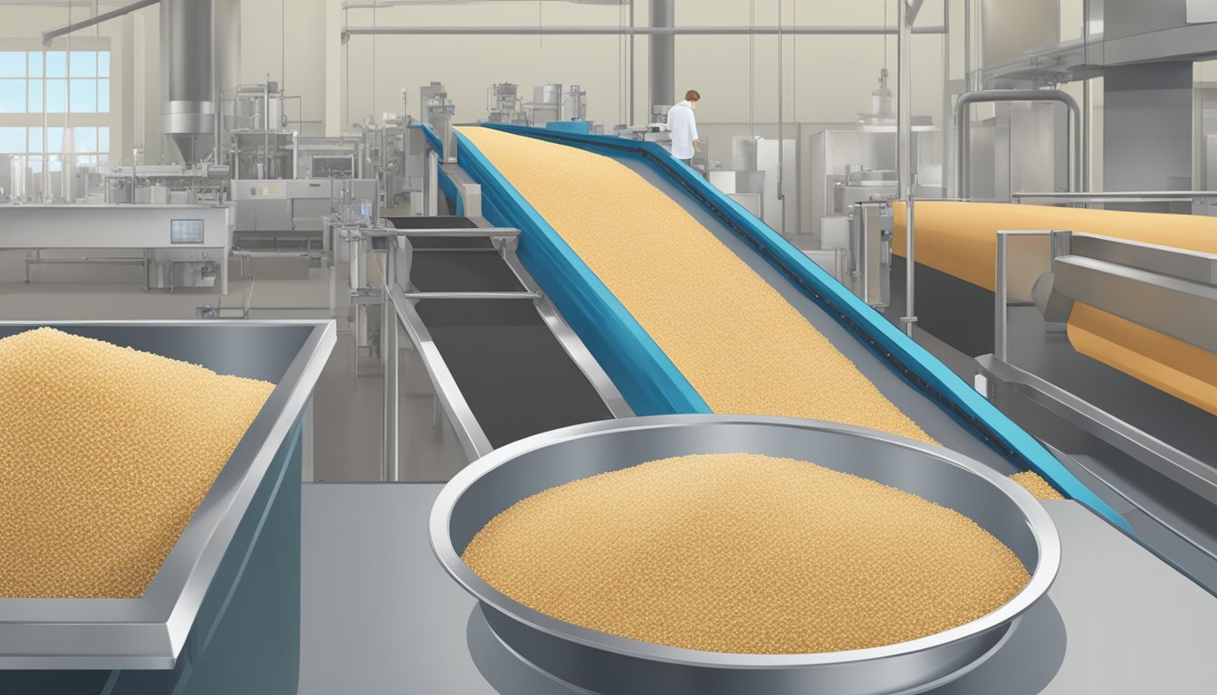 A factory conveyor belt mixes quinoa with artificial additives, while a "healthy" label is crossed out