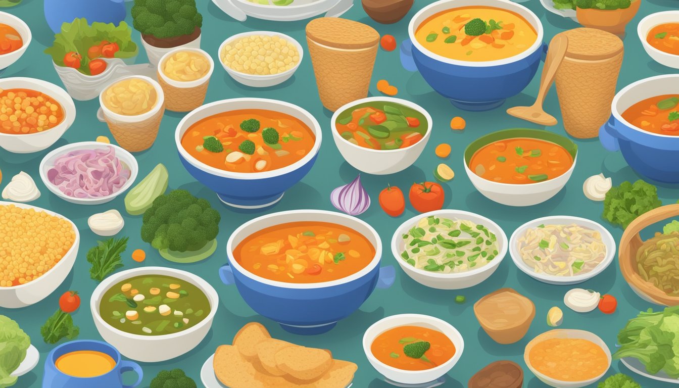 A table filled with bowls of vegetable soup surrounded by various unhealthy processed food items