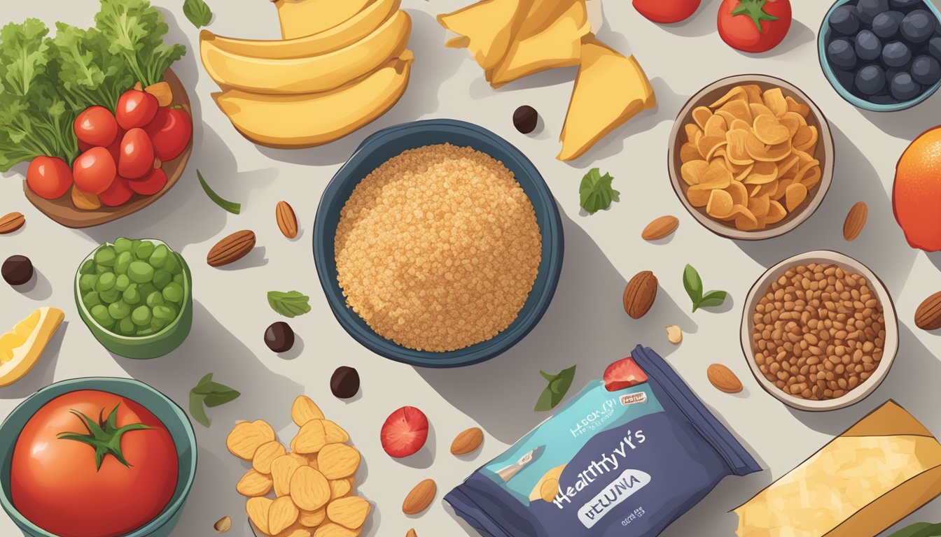 A table with various snack options: fresh fruits, nuts, and vegetables. A bag of quinoa chips labeled "healthy" with a red X over it