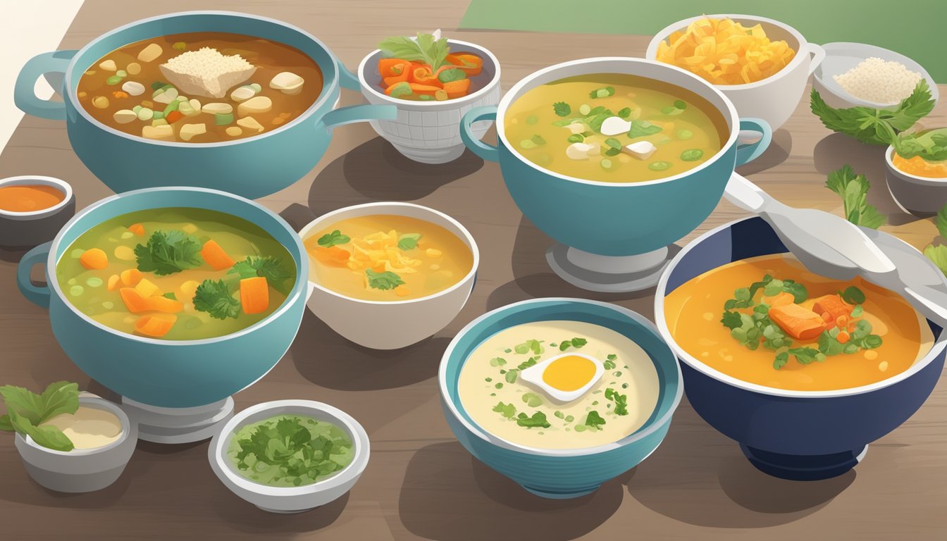 A table with various soup bowls: colorful vegetable soups next to nutrient-rich alternatives. Ingredients and nutritional labels displayed nearby