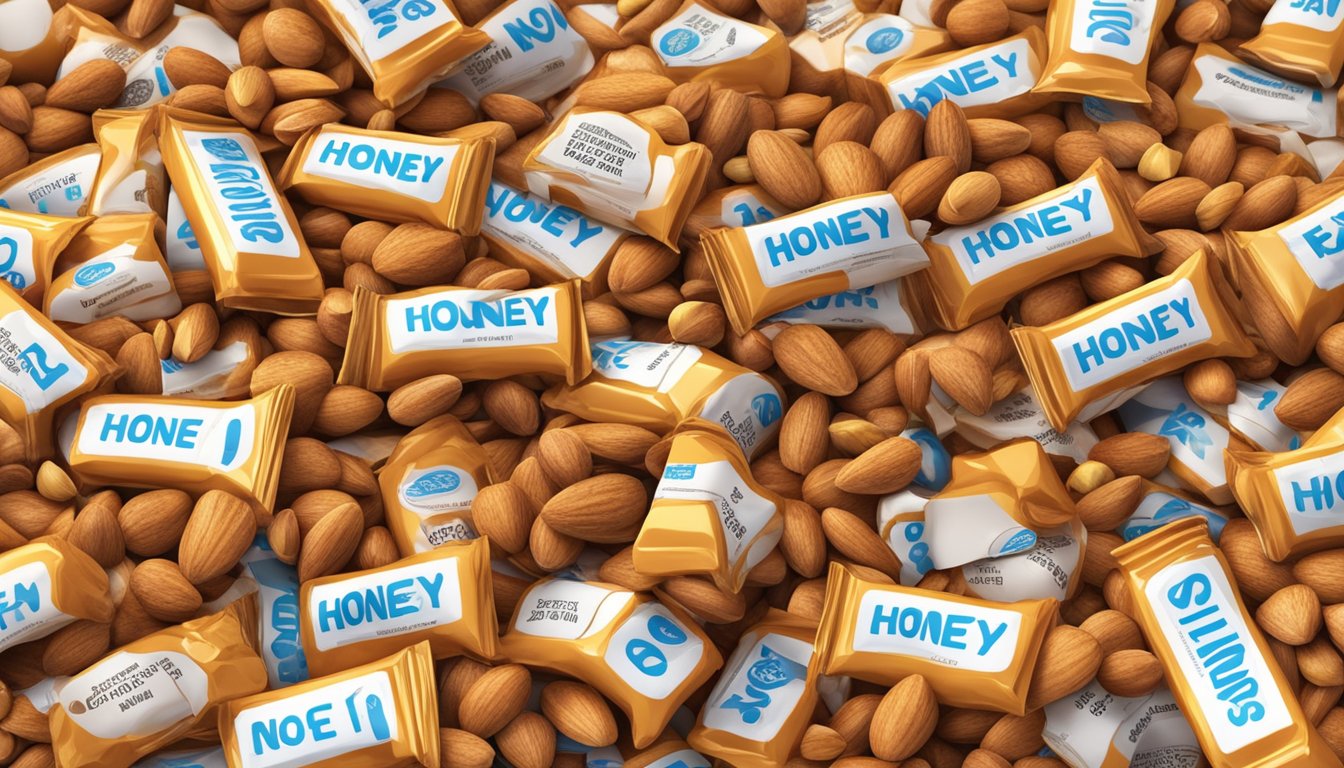 A pile of honey-roasted nuts sits next to a nutrition label with high sugar and fat content. A red warning symbol hovers above the nuts