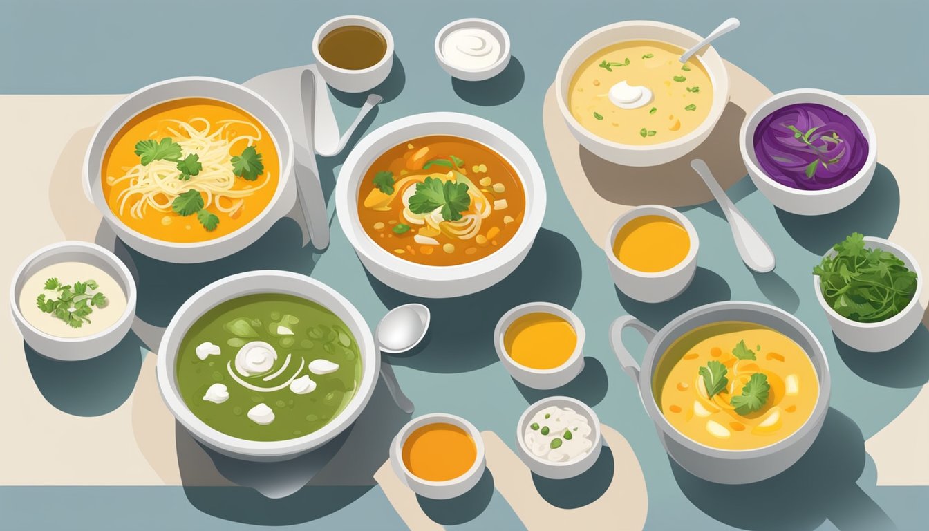 A table with a variety of soups: creamy vegetable, loaded with cheese and cream, next to a clear broth with colorful vegetables and lean protein