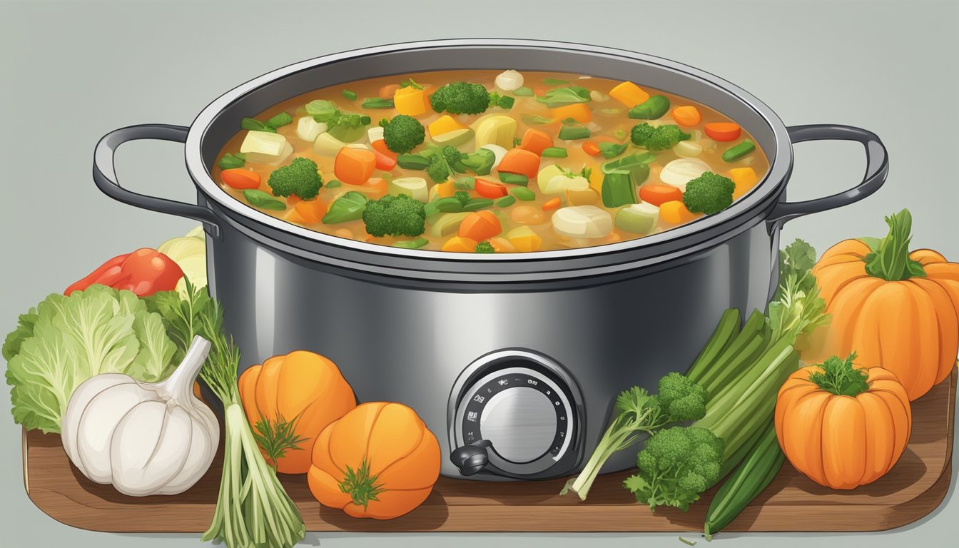 A pot of vegetable soup simmering on a stovetop, surrounded by various fresh vegetables and herbs