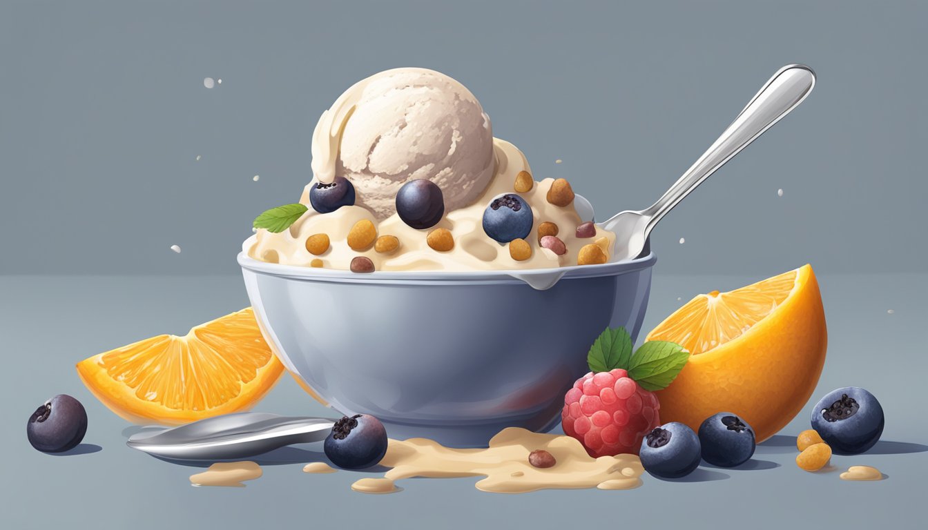 A melting bowl of protein ice cream surrounded by wilted fruits and a discarded spoon, emphasizing its unhealthy nature