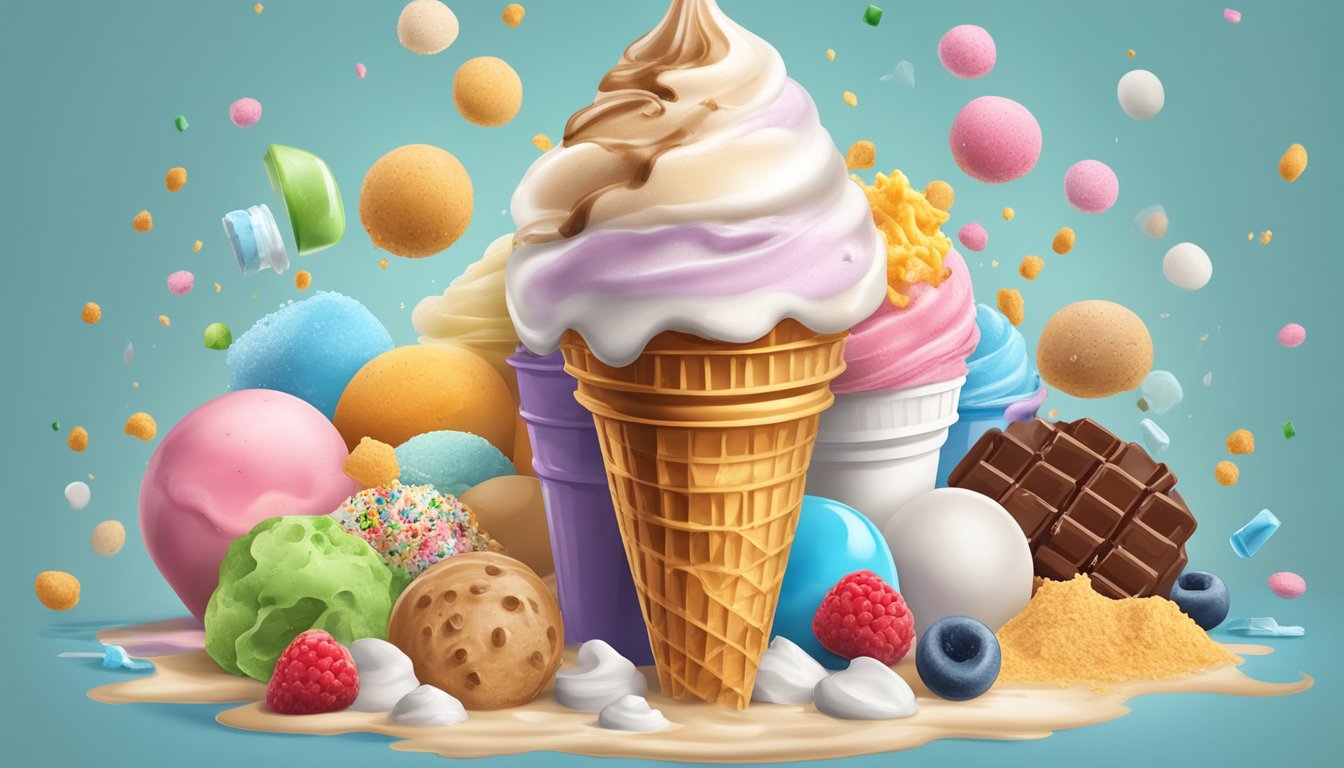 A melting protein ice cream cone surrounded by unhealthy ingredients like sugar, artificial flavors, and additives