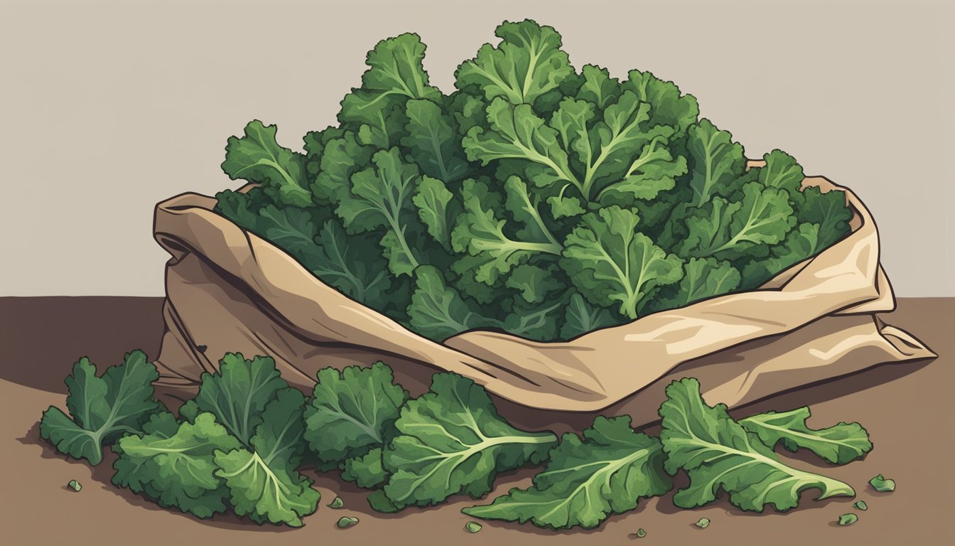 A pile of wilted kale leaves sits next to a bag of processed kale chips, highlighting the stark difference between the natural vegetable and the unhealthy snack