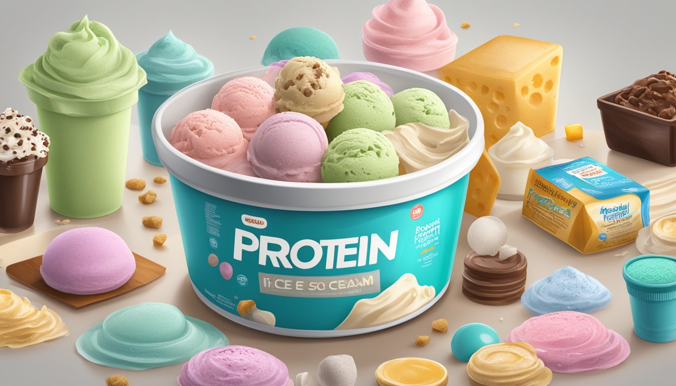 A tub of protein ice cream with a list of hidden ingredients and additives on the label, surrounded by various unhealthy processed food items