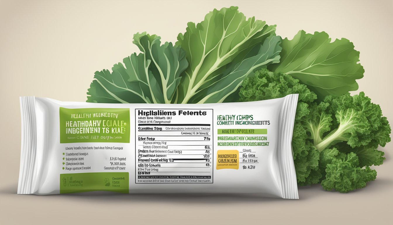 A bag of kale chips with a misleading "healthy" label next to a list of hidden unhealthy ingredients and high calorie content