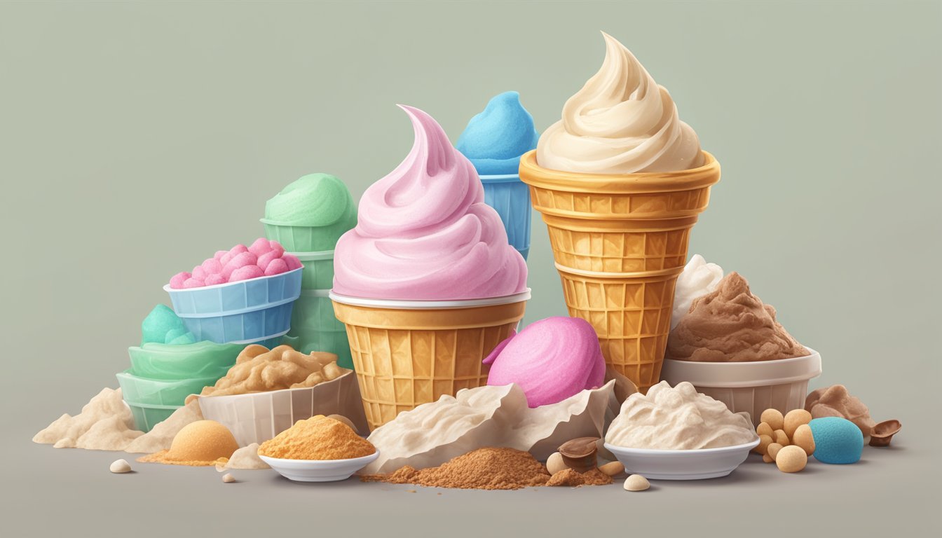 A melting ice cream cone with a protein label next to a pile of unhealthy ingredients