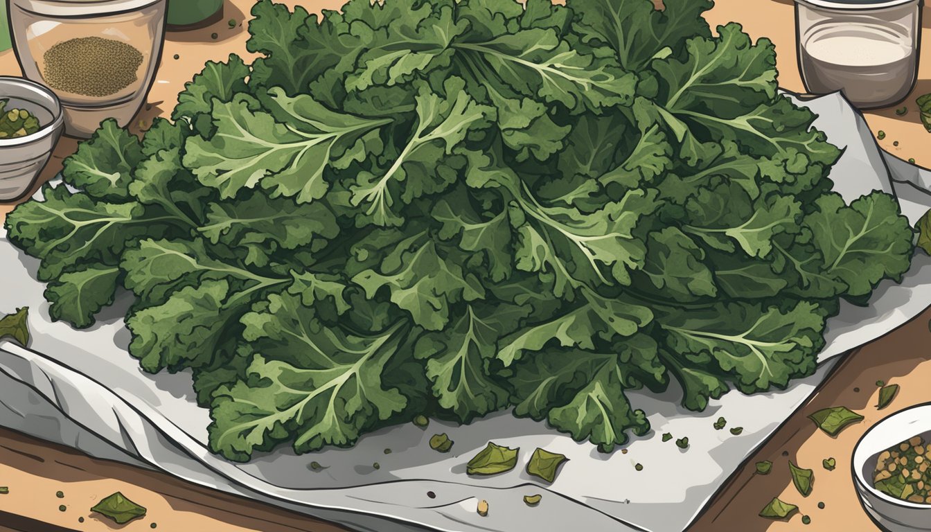 A pile of wilted and burnt kale leaves sits on a baking sheet, surrounded by discarded seasoning packets and a crumpled bag of kale chips