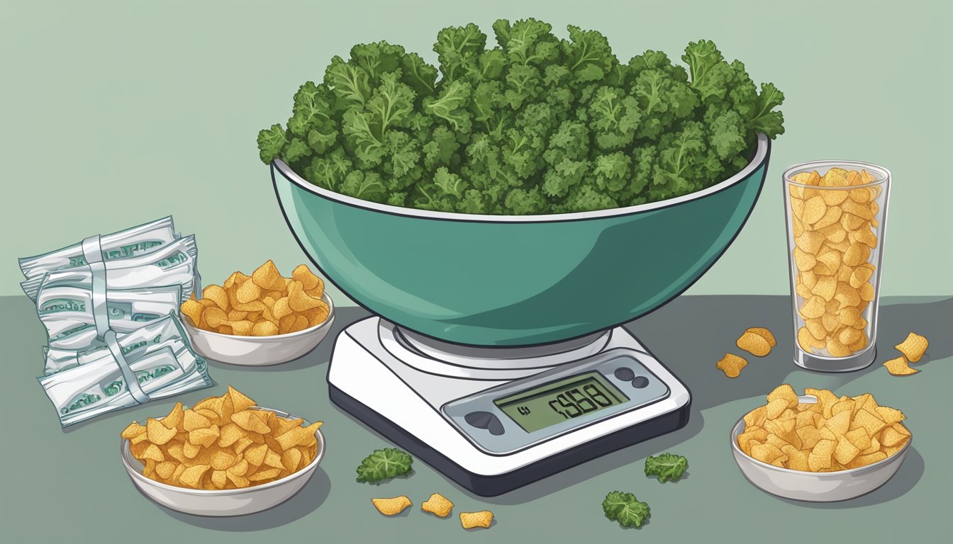 A bowl of kale chips sits next to a scale, surrounded by unhealthy snack wrappers