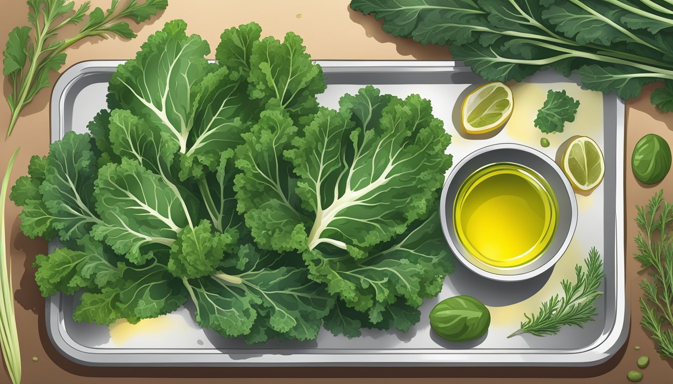 A variety of fresh kale leaves arranged on a baking sheet, next to a bowl of olive oil and various seasonings