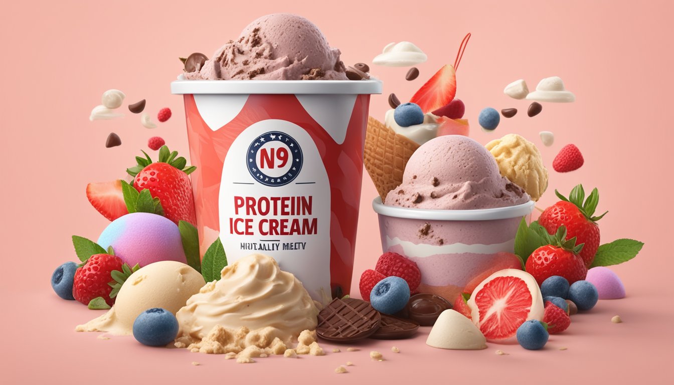 A carton of protein ice cream surrounded by unhealthy processed ingredients and a red "not healthy" warning label