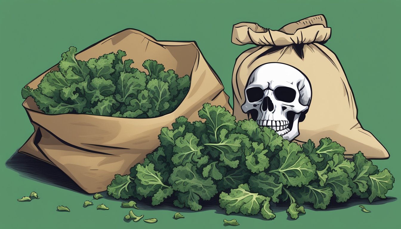 A pile of wilted and discolored kale leaves sits next to a bag of processed kale chips, with warning labels and a skull and crossbones symbol