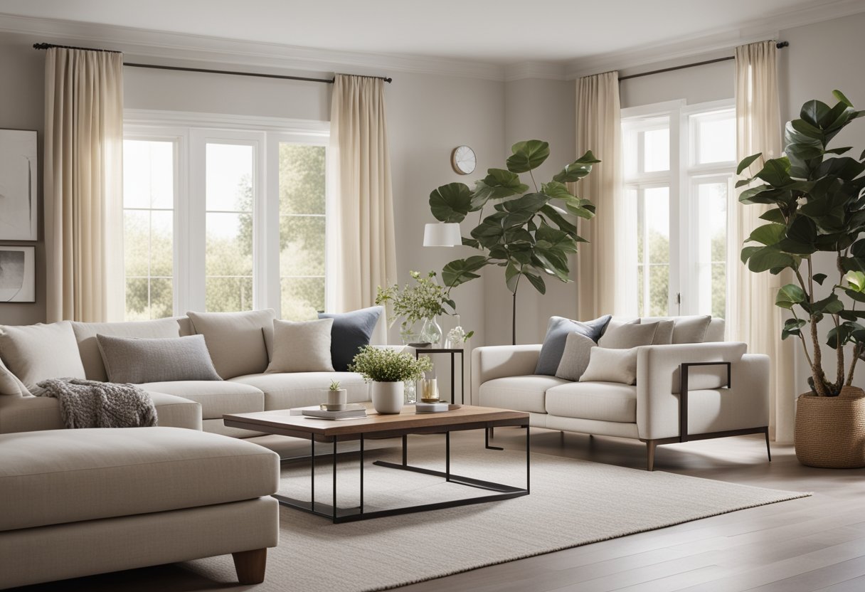 A spacious living room with clean lines, neutral colors, and minimal furniture. Large windows let in natural light, while simple decor creates a serene atmosphere