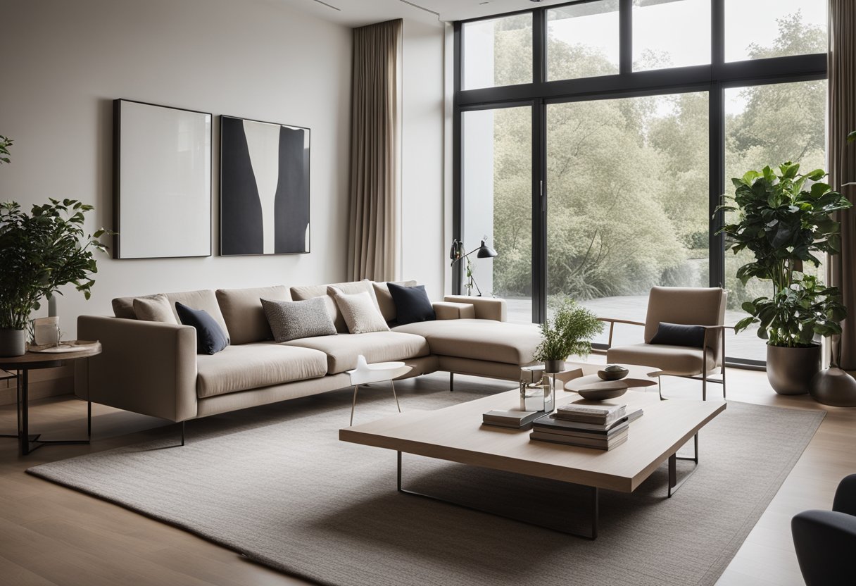 A spacious living room with clean lines and neutral colors. Large windows let in ample natural light, highlighting the minimalist furniture and decor