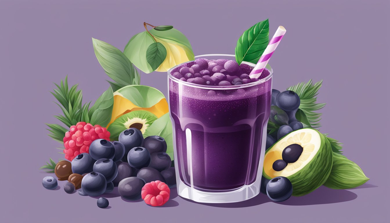 A glass of açaí juice surrounded by unhealthy ingredients like sugar, artificial flavorings, and additives