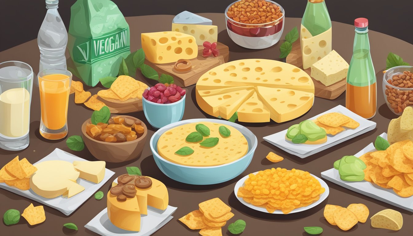 A table with various types of vegan cheese, surrounded by unhealthy food items like chips, soda, and candy