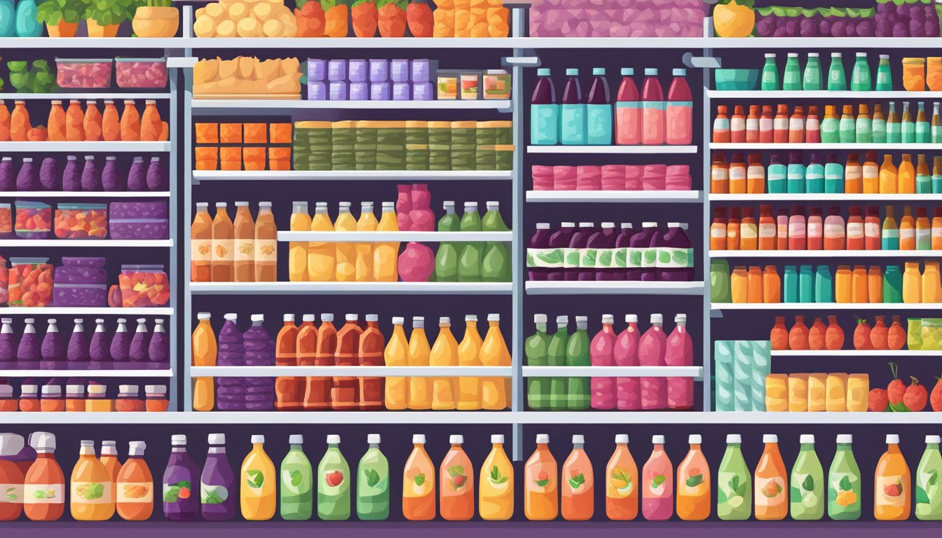 A crowded grocery store shelf with vibrant açaí juice bottles next to a sign listing the health drawbacks