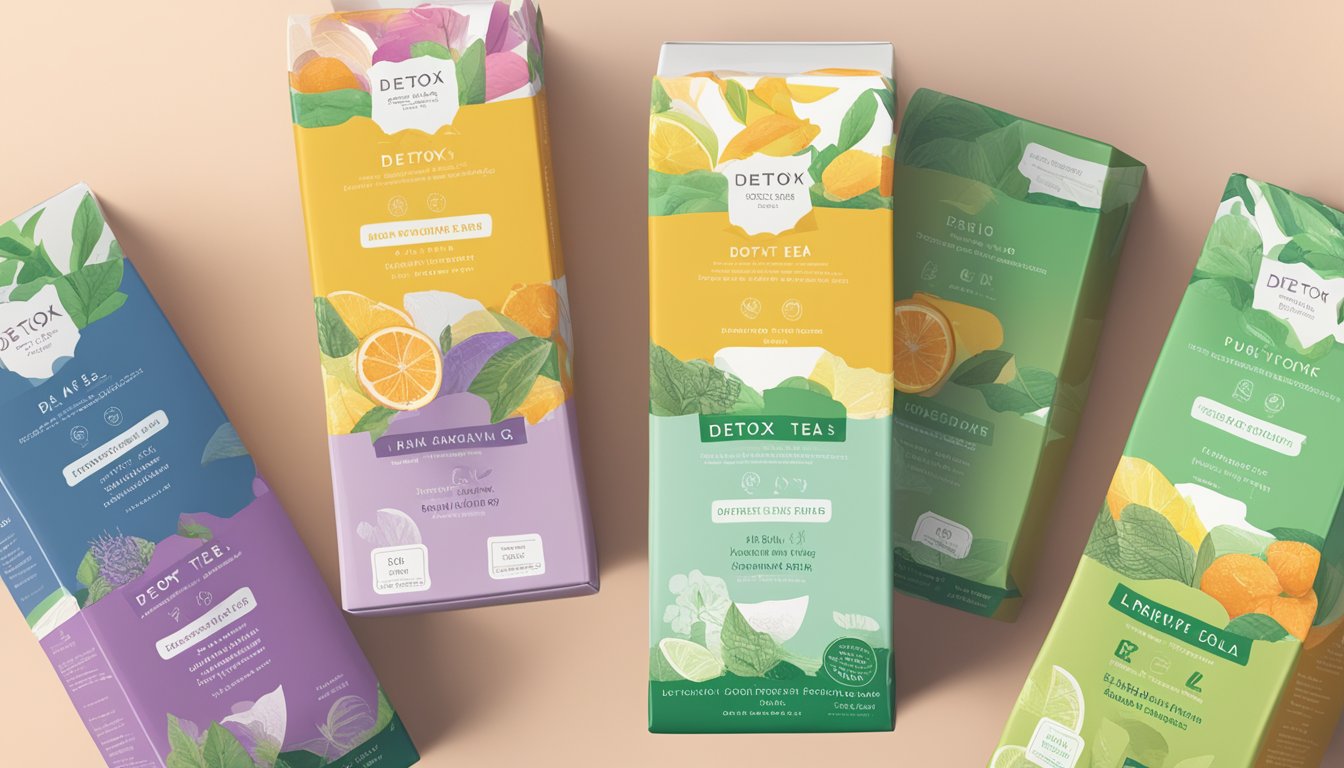 A stack of detox tea boxes surrounded by misleading marketing materials and warning labels