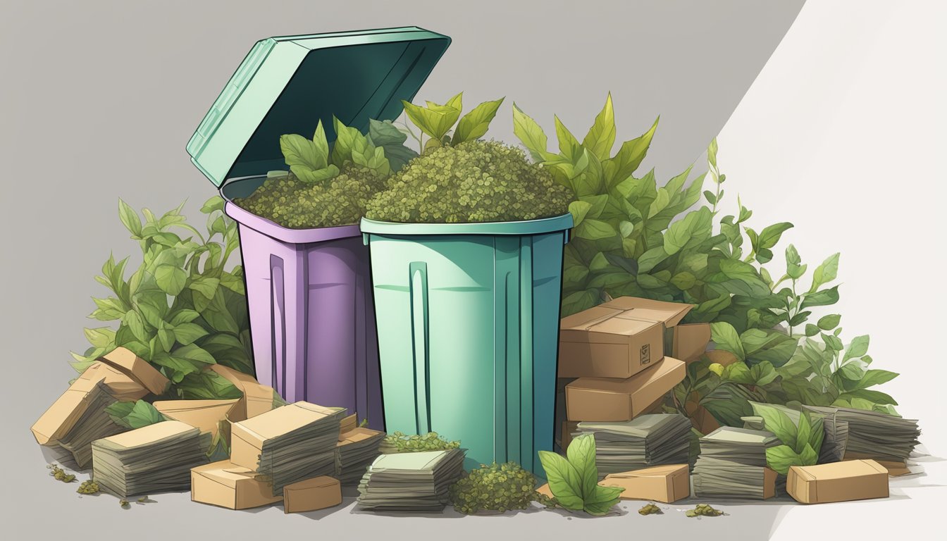 A pile of wilted, unhealthy plants and a stack of discarded, empty detox tea boxes sit in a trash can