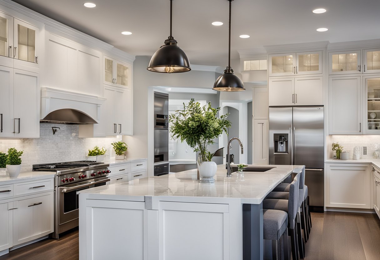 A modern kitchen with sleek white cabinets, marble countertops, a large island, pendant lighting, and stainless steel appliances