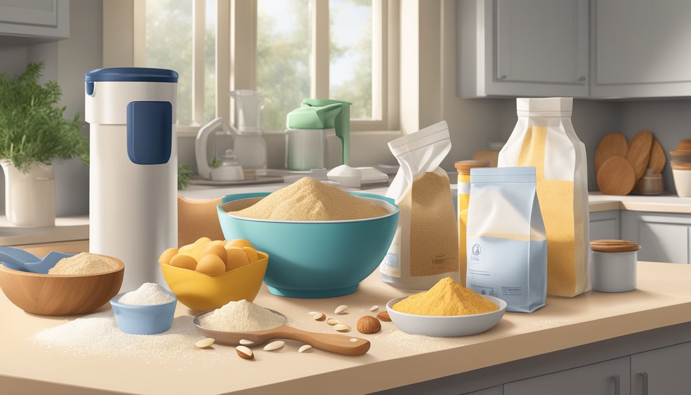 A kitchen counter with a mixing bowl, almond flour bag, and various baking ingredients scattered around