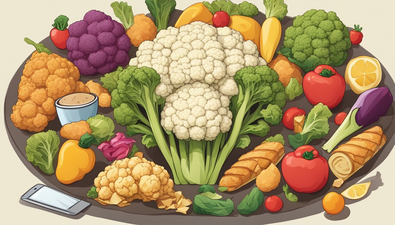 A head of cauliflower surrounded by various unhealthy food items, with a red "X" over the cauliflower crust