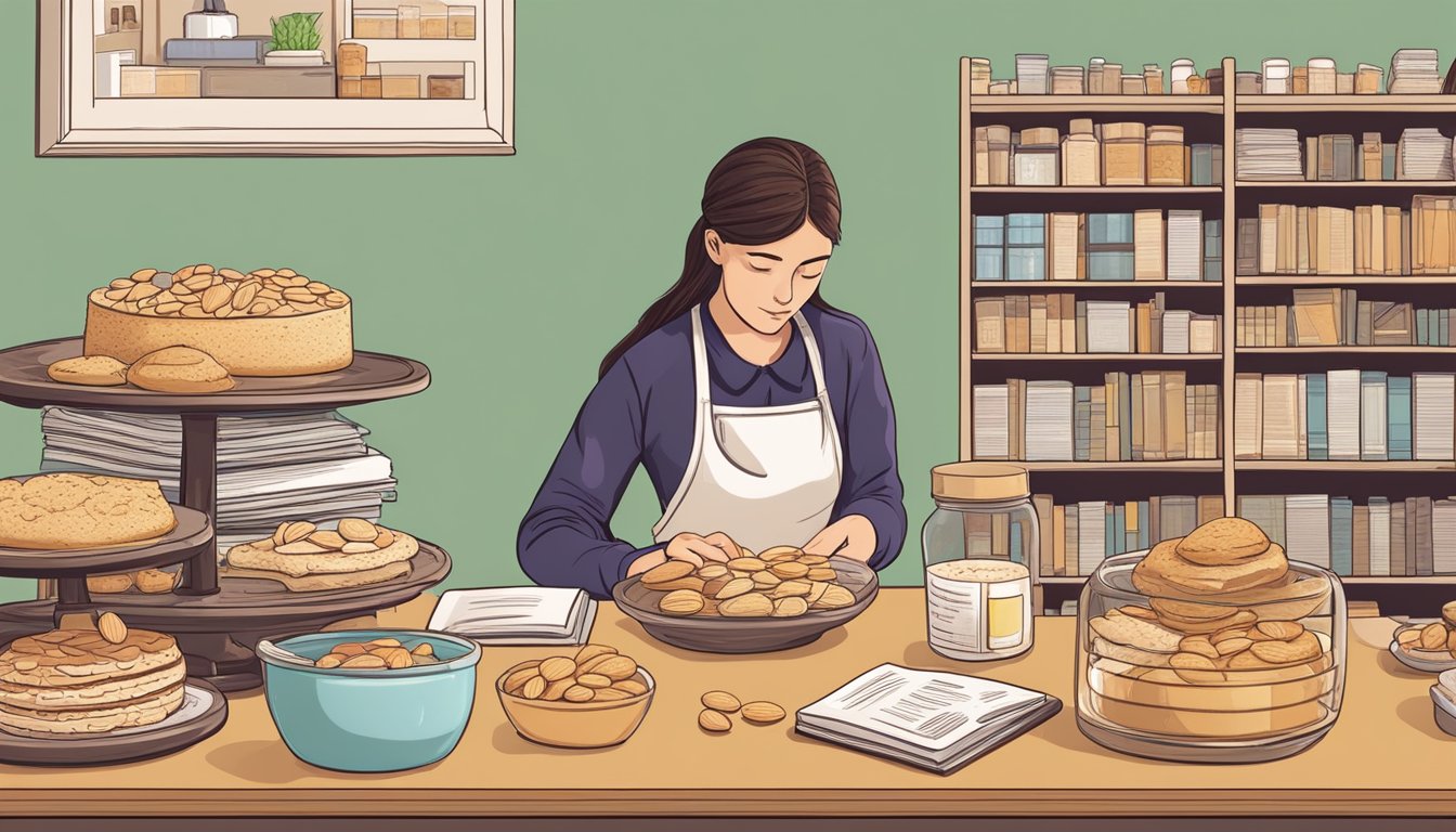 A table spread with almond flour baked goods next to a stack of medical books and a concerned person reading a nutrition label