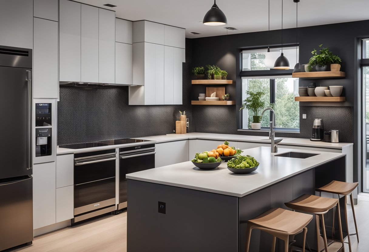 A modern kitchen with a smart refrigerator featuring a large touch screen, surrounded by sleek countertops and high-tech appliances