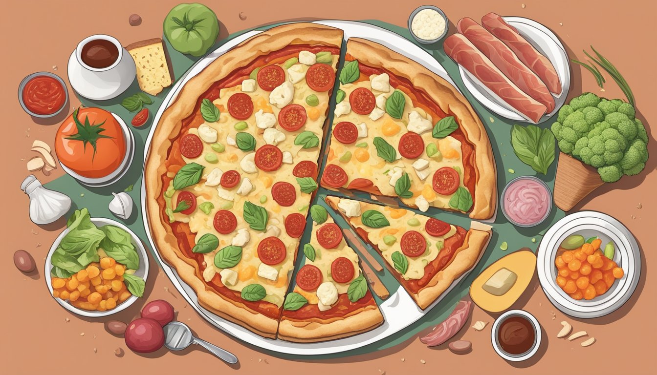 A cauliflower pizza crust surrounded by unhealthy ingredients like processed meats, excessive cheese, and high-sugar tomato sauce, highlighting the nutritional pitfalls