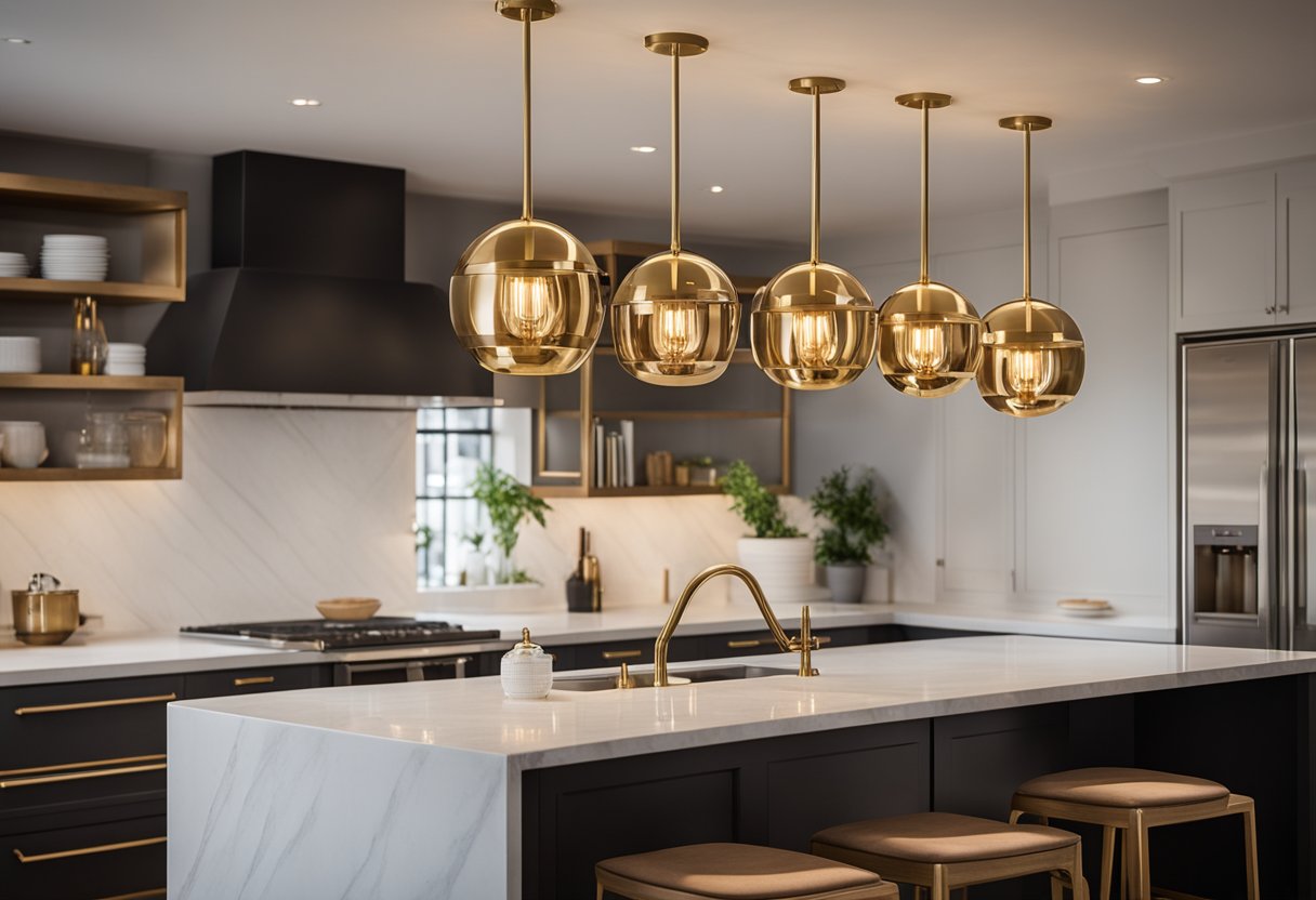 Five brass pendant lights hang above a modern kitchen island, casting a warm glow over the sleek countertops and minimalist decor