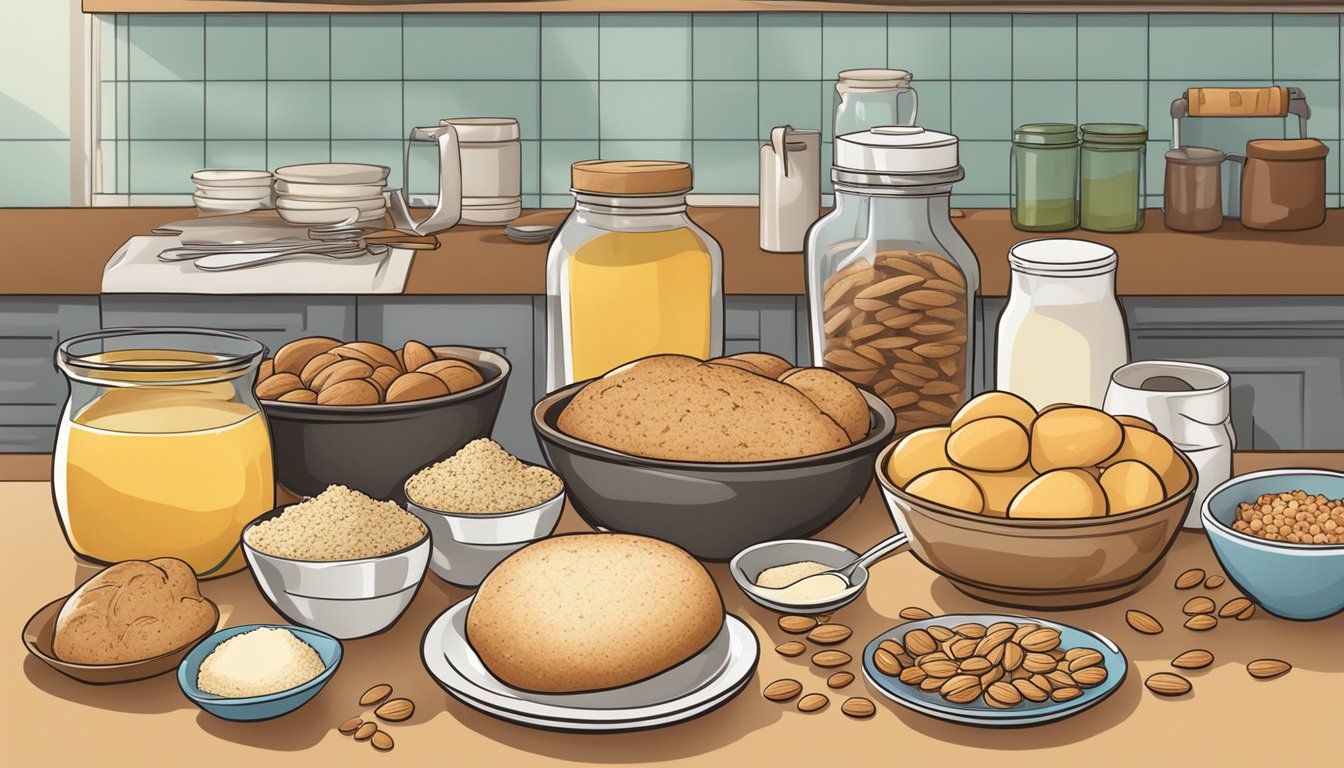 A kitchen counter with various baking ingredients, including almond flour, and a pile of unhealthy baked goods