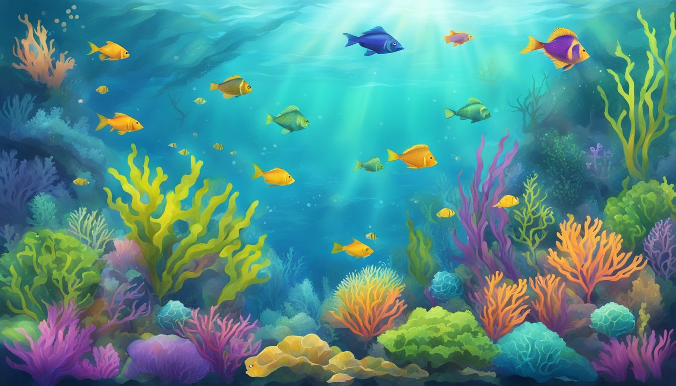 A vibrant underwater scene with various types of seaweed swaying in the current, surrounded by colorful fish and other marine life