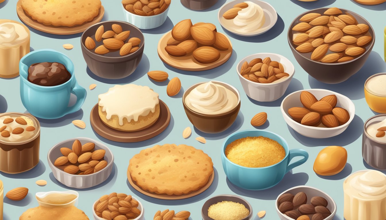 A table filled with almond flour baked goods surrounded by various unhealthy ingredients like sugar and processed oils