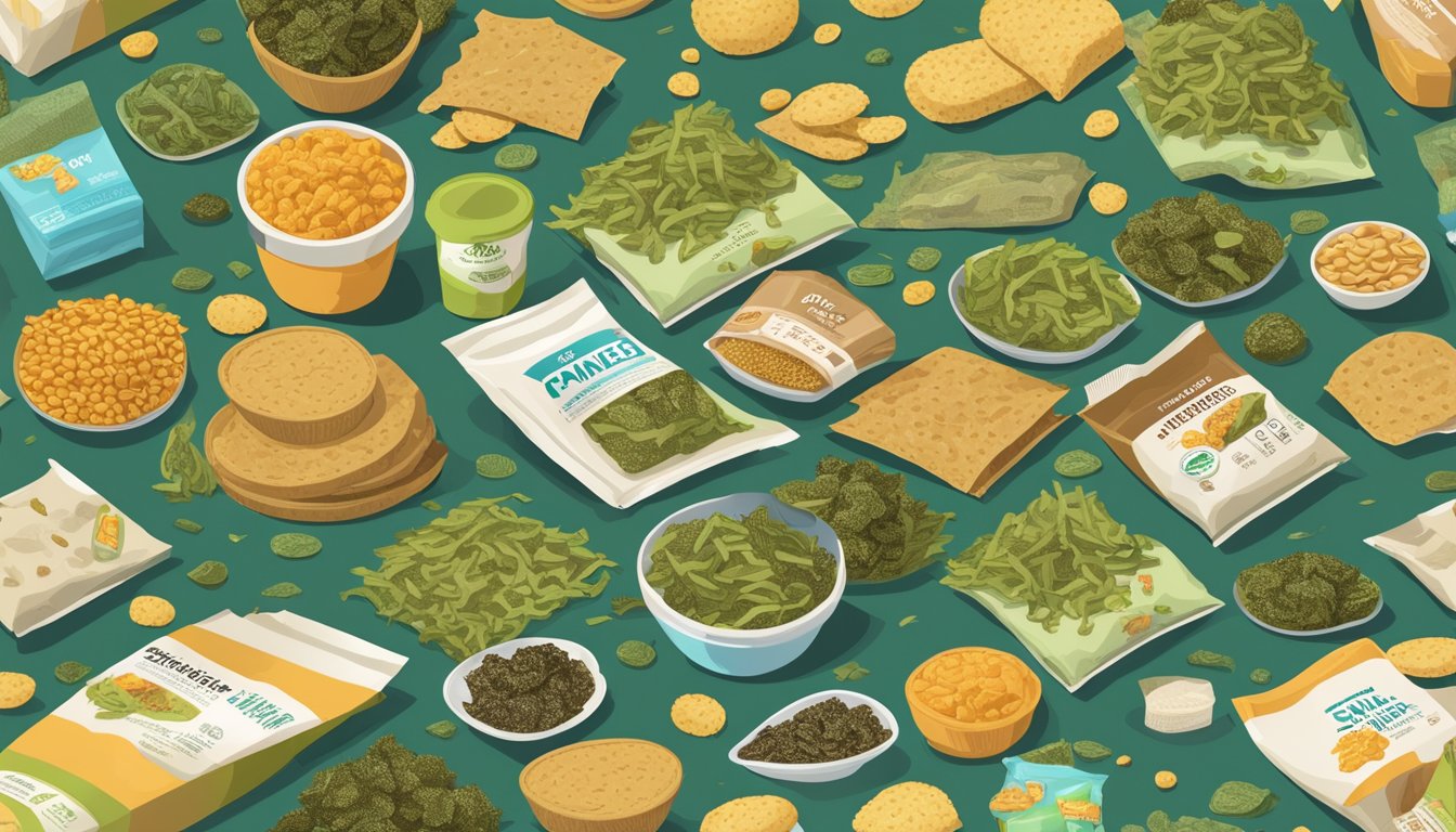 A pile of seaweed snacks scattered on a table, surrounded by various unhealthy food packaging and a nutrition label with exaggerated health claims