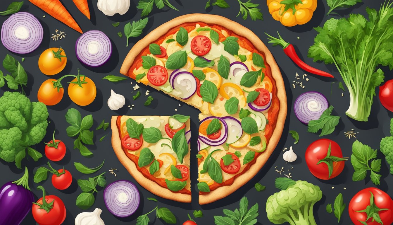 A colorful pizza with a cauliflower crust surrounded by fresh vegetables and herbs, with a comparison to a traditional pizza