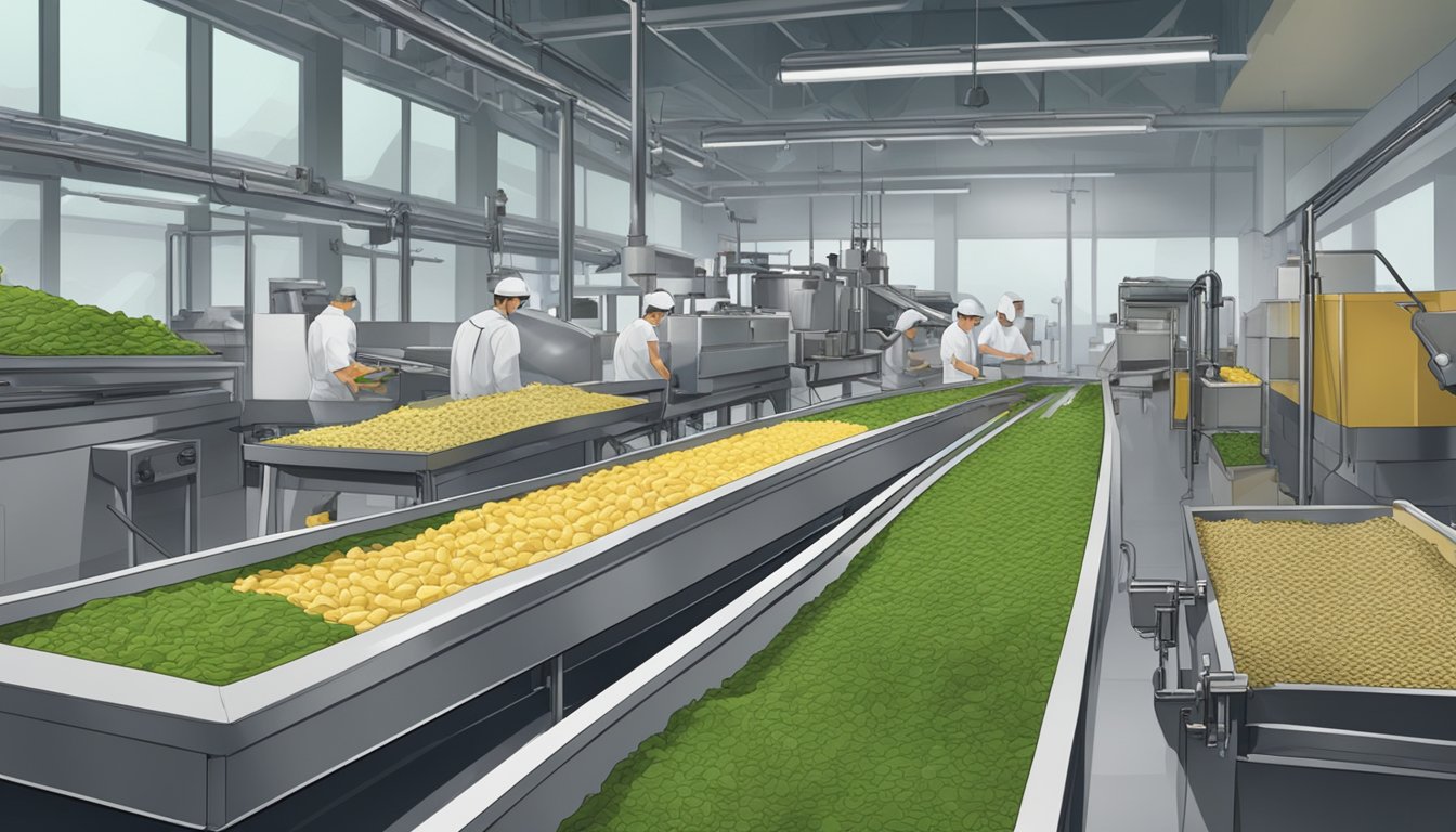 A factory conveyor belt processing seaweed into snacks, with various machines and equipment in the background