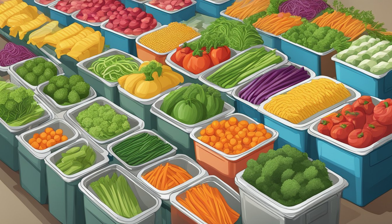 A colorful array of fresh vegetables being processed and packaged into noodles, with a prominent warning sign indicating their unhealthy nature