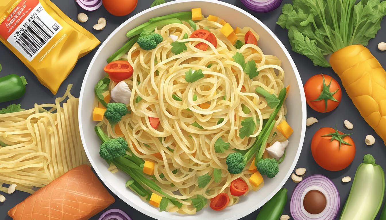 A pile of packaged vegetable noodles surrounded by unhealthy processed food ingredients, with a prominent nutrition label showing high levels of sodium, saturated fat, and artificial additives