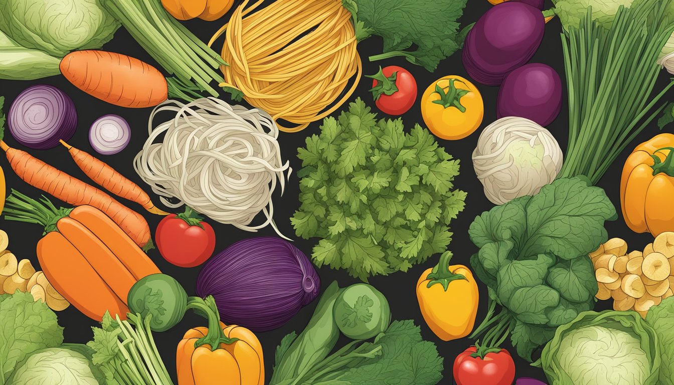 A colorful array of fresh whole vegetables arranged next to a pile of packaged vegetable noodles, illustrating the stark contrast between processed and whole foods