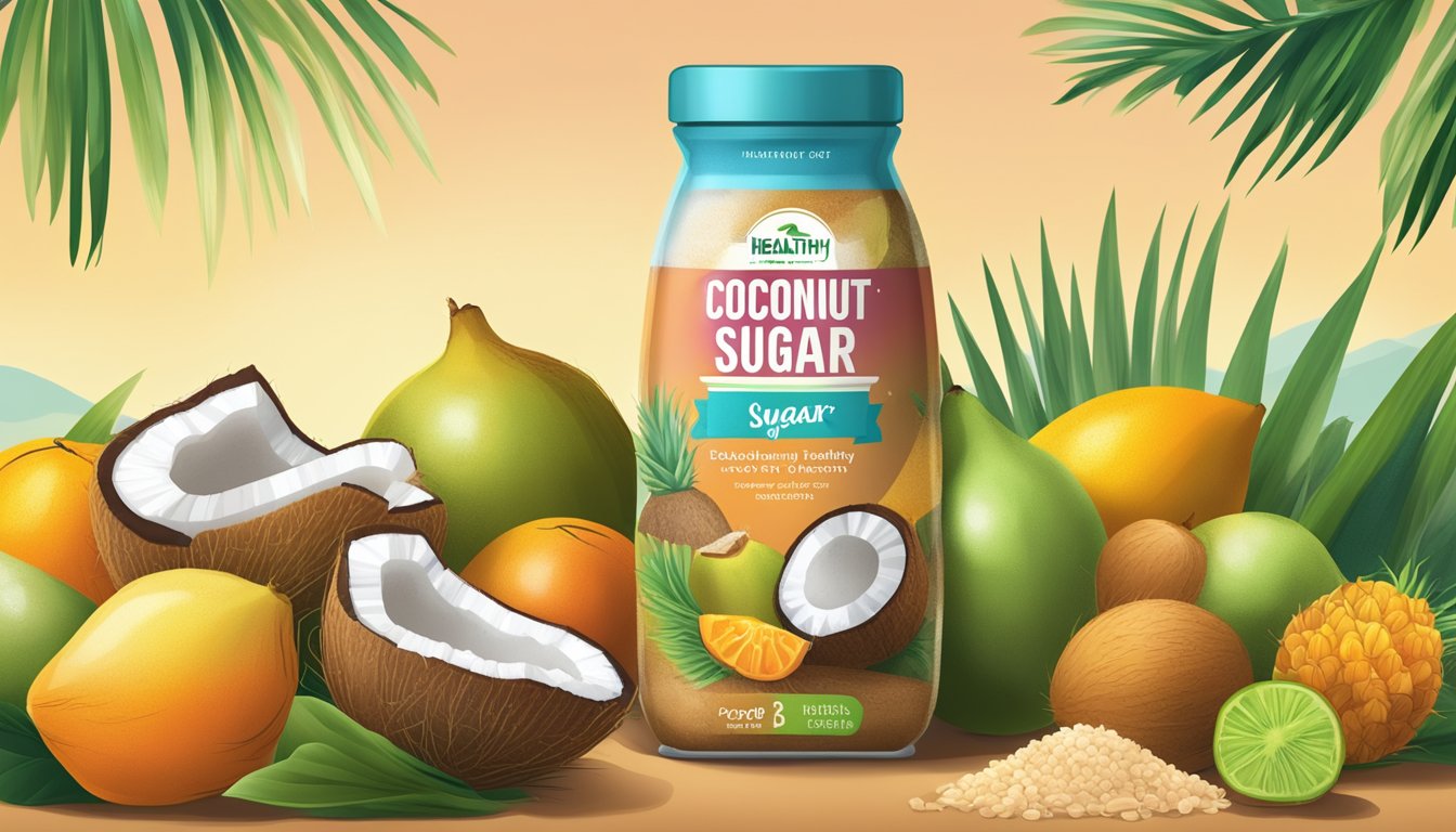 A colorful package of coconut sugar surrounded by vibrant tropical fruits, with a large "healthy" label contrasting with the reality of its high sugar content