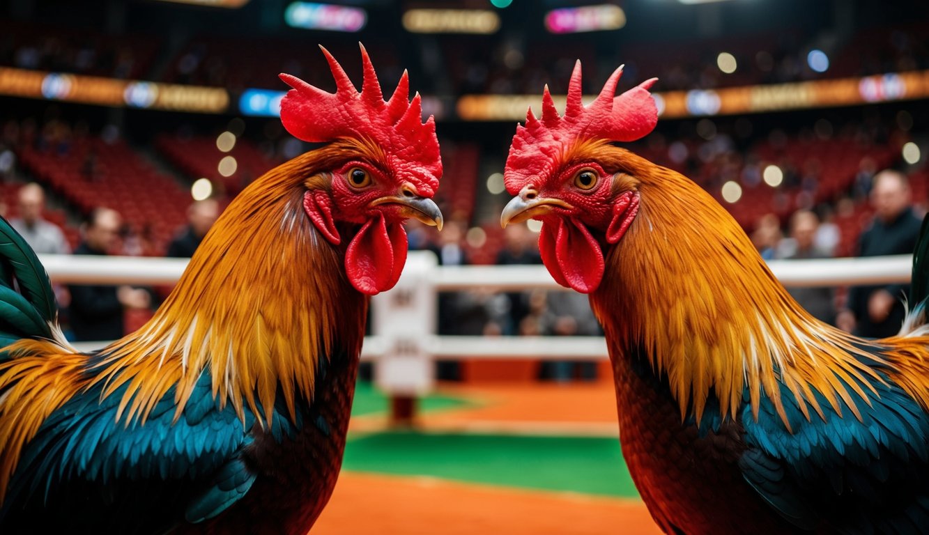 Dua ayam jantan berhadapan di arena sabung ayam online yang ramai dengan peluang kemenangan tinggi