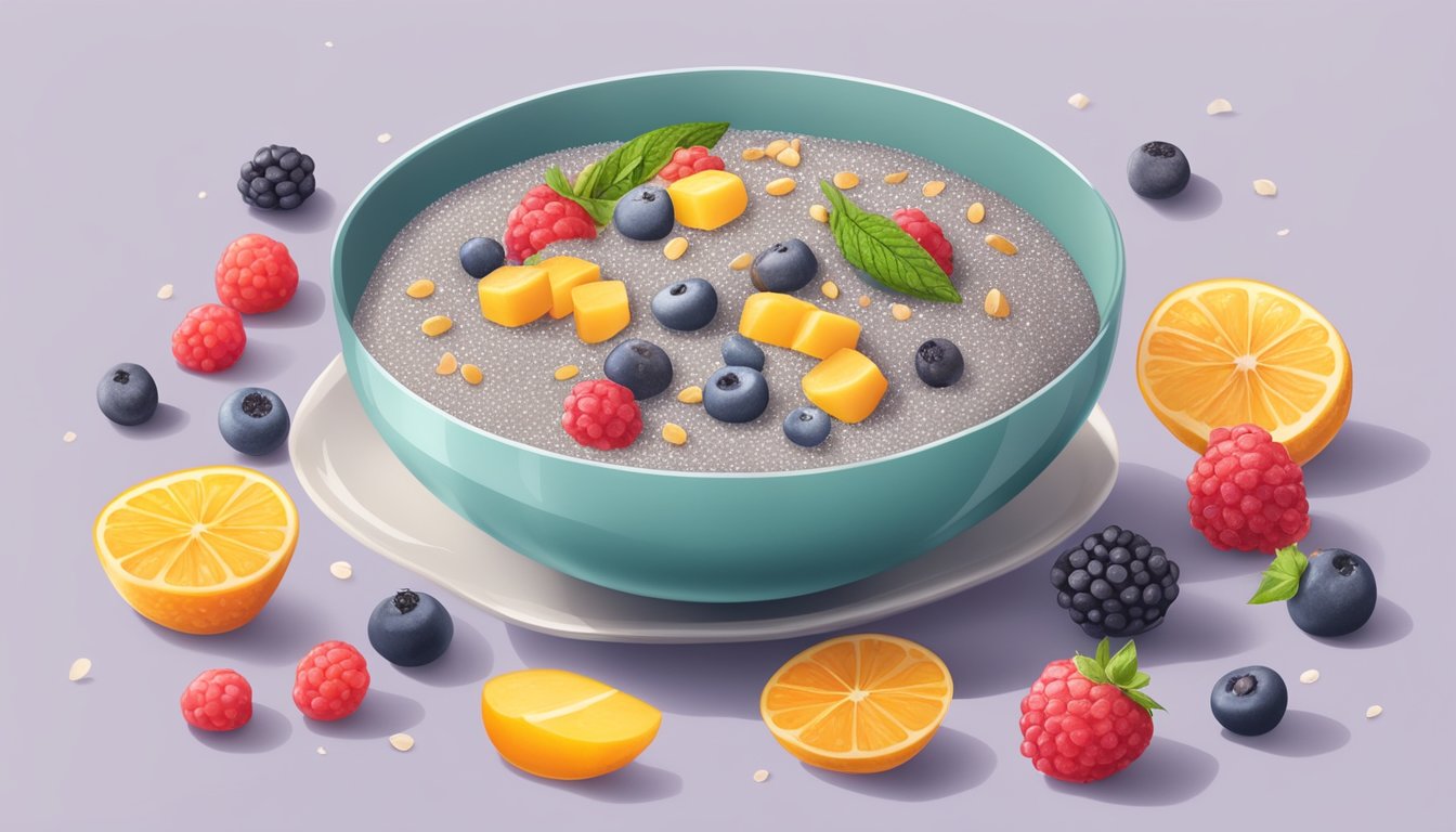 A bowl of chia seed pudding surrounded by unhealthy processed ingredients like sugar, artificial flavorings, and high-calorie toppings