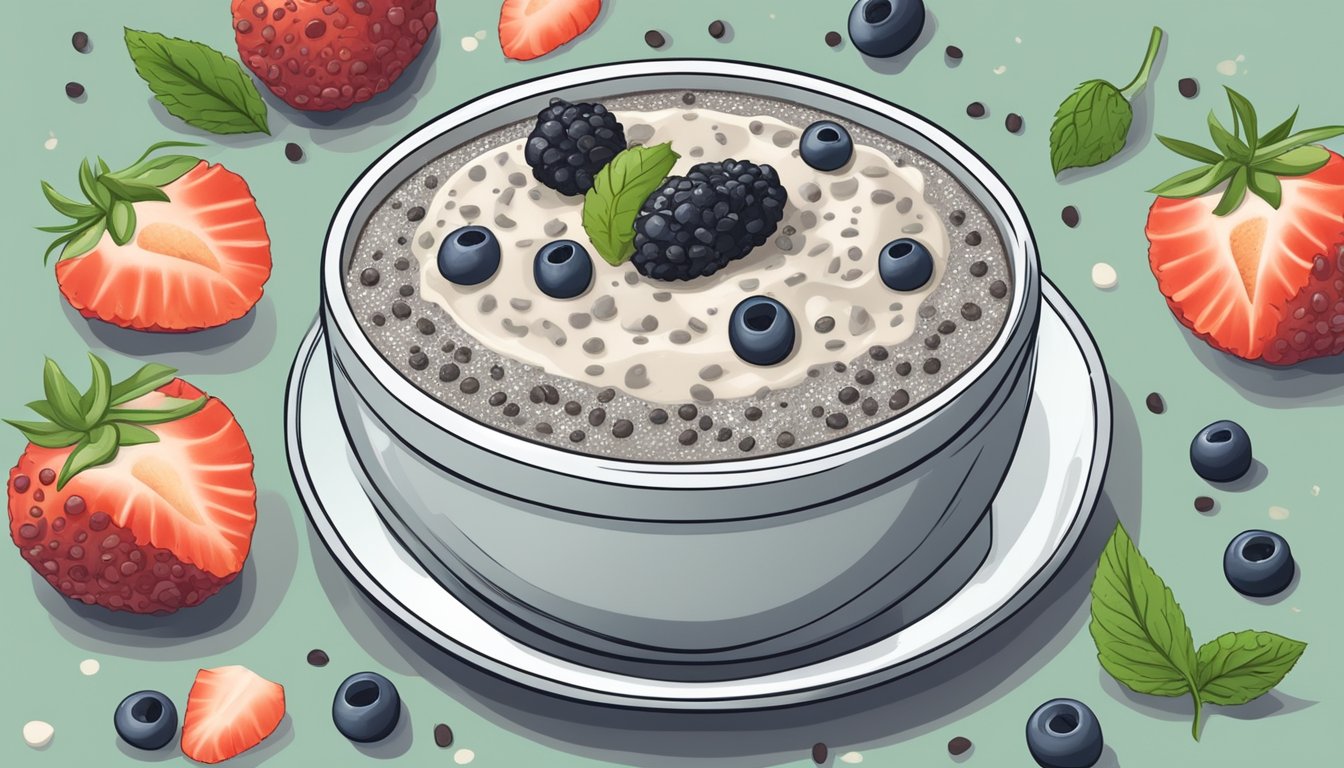 A bowl of chia seed pudding surrounded by unhappy, bloated stomachs and digestive discomfort