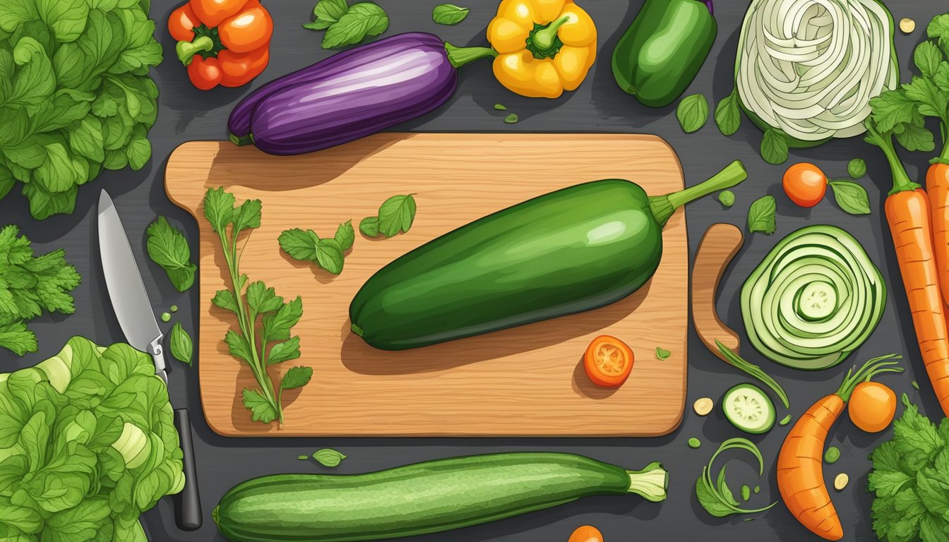 A colorful array of fresh vegetables, such as zucchini, carrots, and bell peppers, arranged on a cutting board with a spiralizer nearby