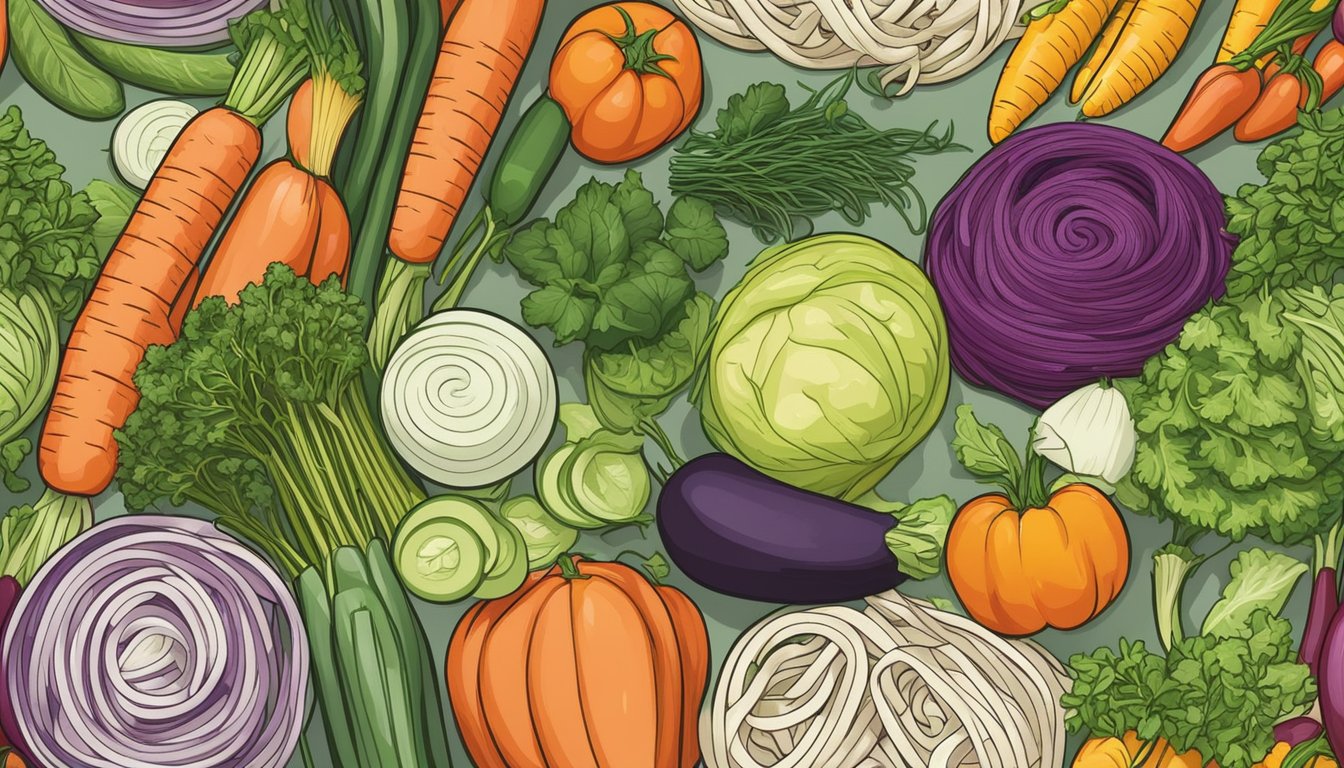 A colorful array of fresh vegetables and herbs being spiralized into long, slender strands, ready to be transformed into a healthier alternative to packaged noodles