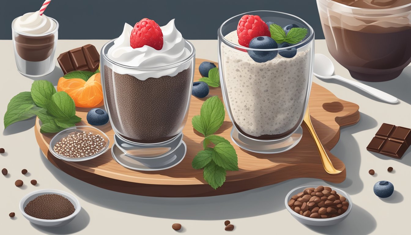 A bowl of chia seed pudding sits on a table, surrounded by various unhealthy ingredients like sugar, chocolate, and whipped cream